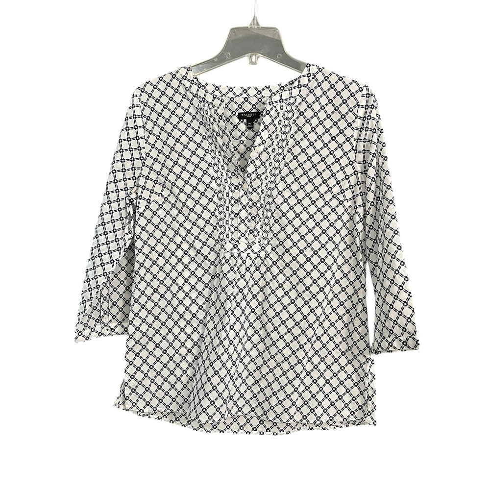 Talbots NWOT Womens White Navy Geometric Popover Blouse Sz MP Preppy Lightweight